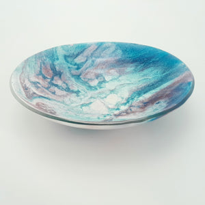 Blue, pink & white kiln formed glass bowl - 23cm