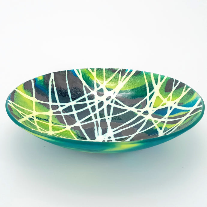 Salamander' - Green & turquoise glass & metal bonded kiln formed glass bowl - 30cm