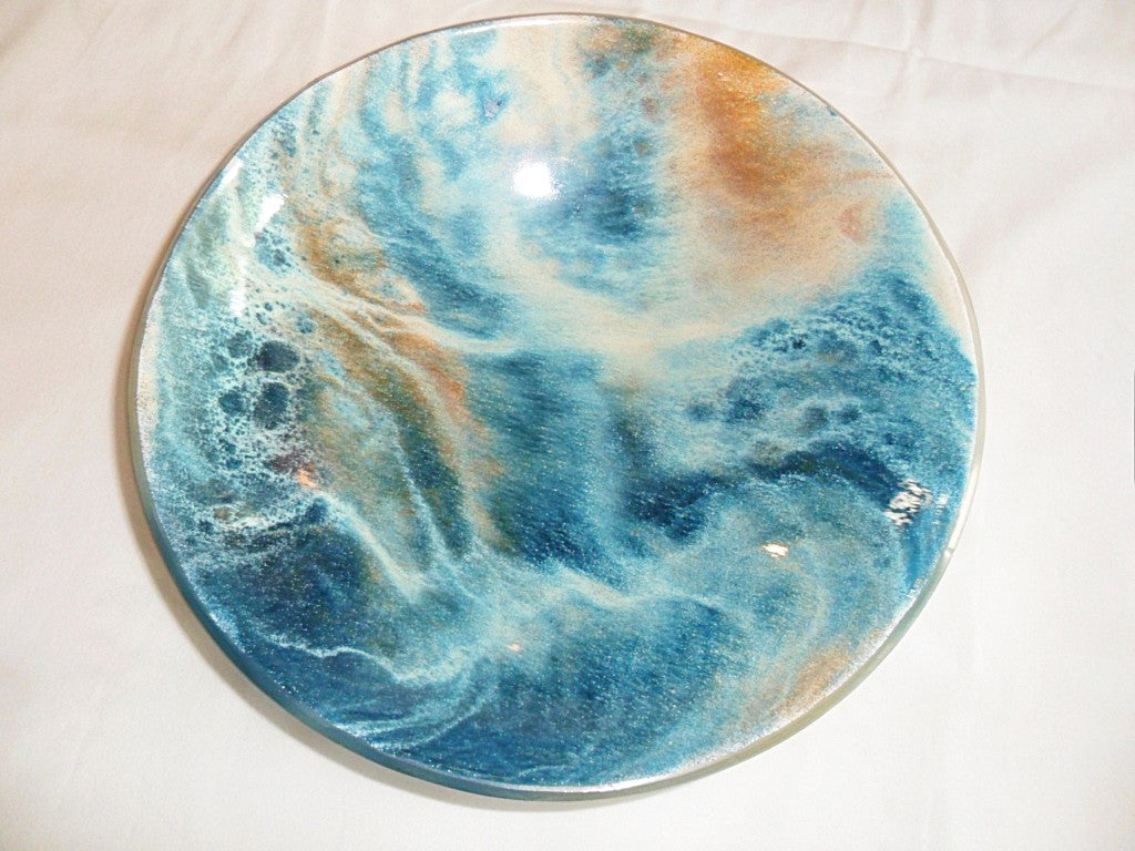 'Drift' - Amber, blue & white kiln formed glass bowl - 23cm (Copy) (Copy)