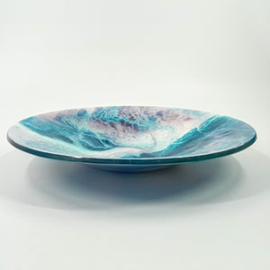 Blue, pink & white kiln formed glass bowl - 38cm