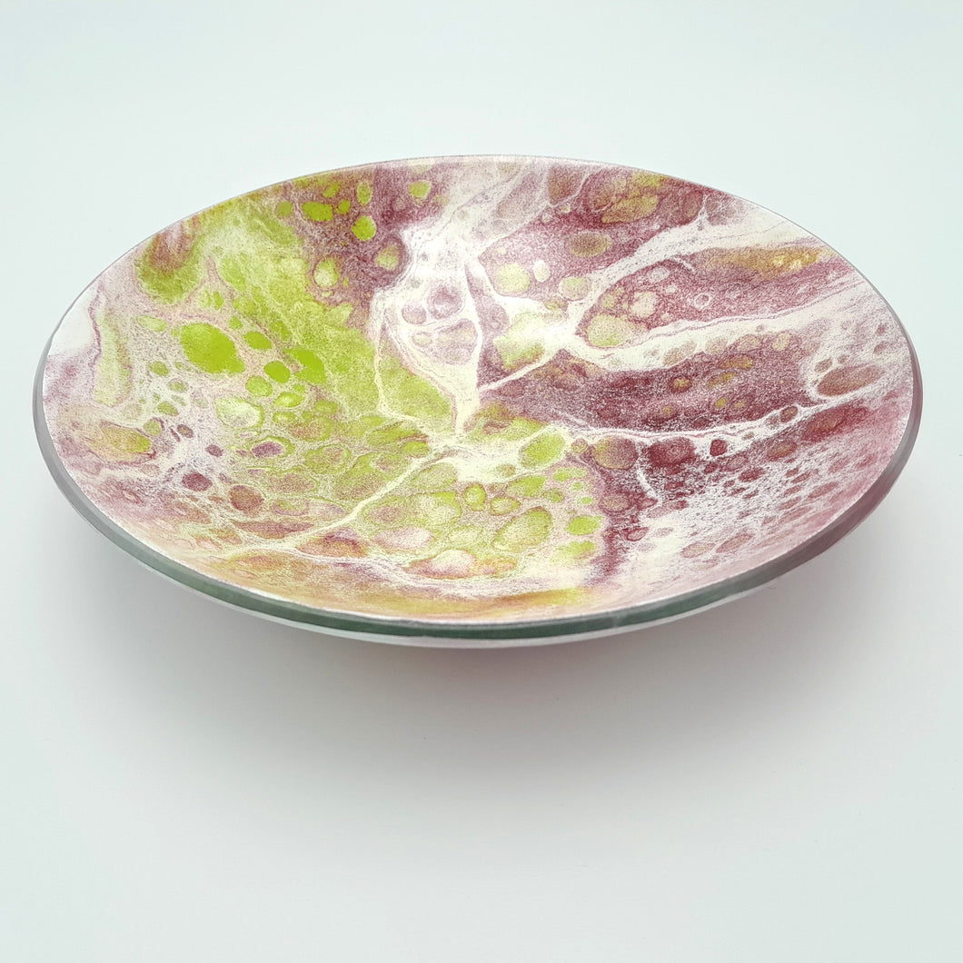 'Thrift' - Pink, green and white kiln formed glass bowl - 23cm