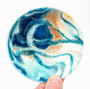 'Drift' - Amber, blue & white kiln formed glass trinket dish - 11cm