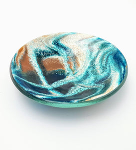 'Drift' - Amber, blue & white kiln formed glass trinket dish - 11cm