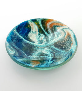 'Drift' - Amber, blue & white kiln formed glass trinket dish - 11cm